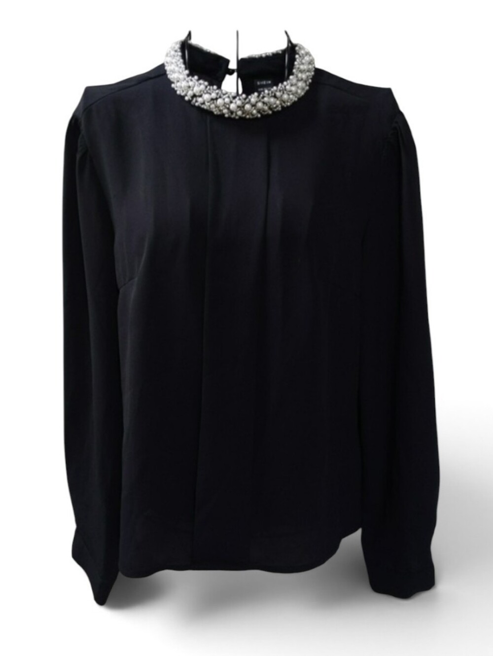 SHEIN, black sheer blouse with pearl jeweled collar. XS